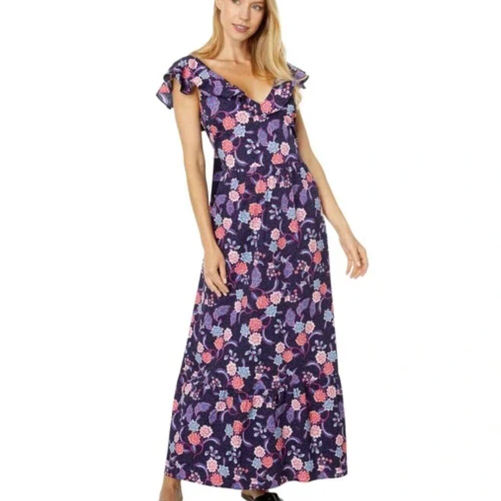 NWOT H by Halston Sleeveless Ruffled Strap Dress Batik Blossom Maxi Dress Size M